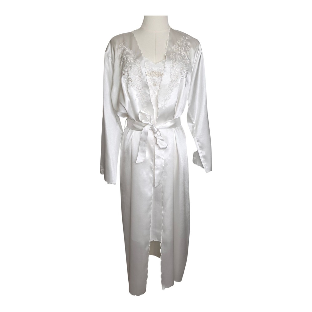 Vintage Plants 100% Silk White Bridal Peignoir Floral Embroidery Robe Set L